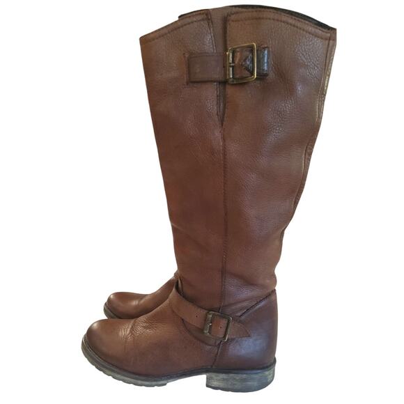 Women's leather brown Riding knee high boots Steve Madden Fall sz 8.5 buckle zip - Picture 1 of 11